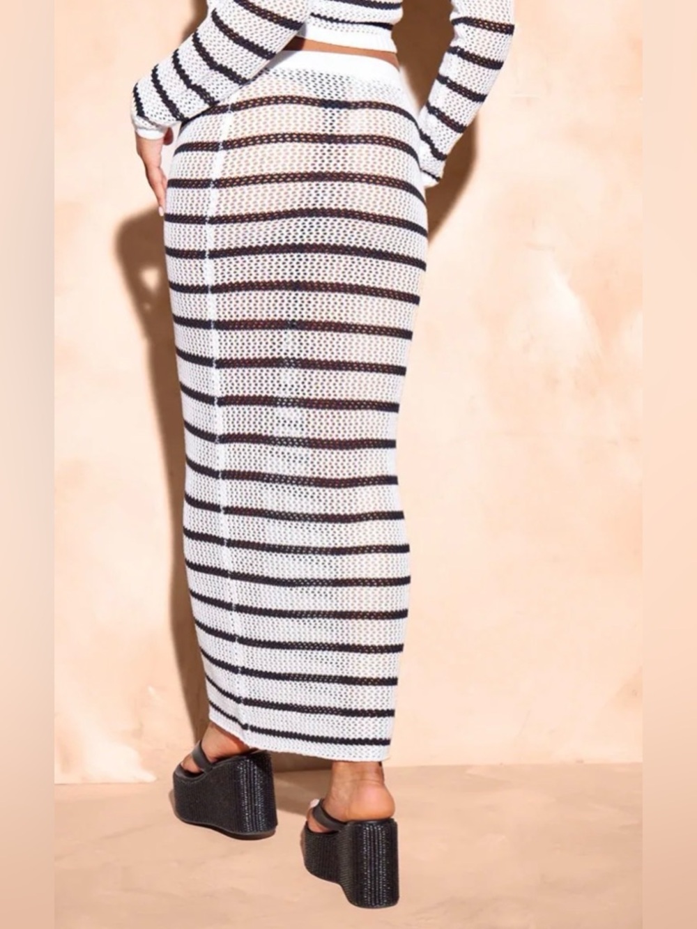 PrettyLittleThing Monochrome Stripe Crochet Knit Maxi Skirt XS NWT - Picture 3 of 4